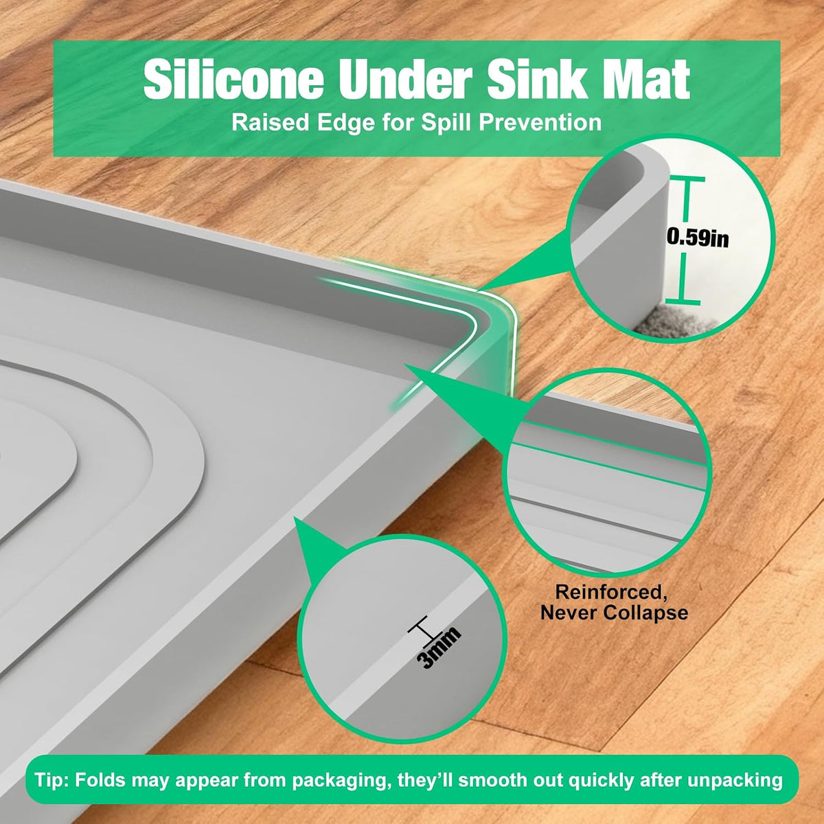 Under Sink Mat 34" X 22", Waterproof Silicone Cabinet Kitchen Liner, Gray