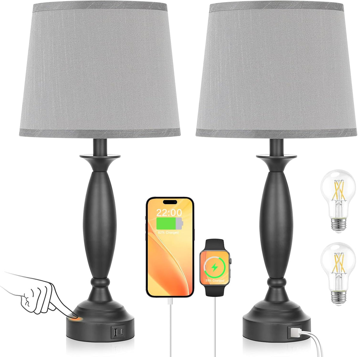 Bedroom Lamps for Nightstand, 3 Way Dimmable Black Bedside Lamps with USB