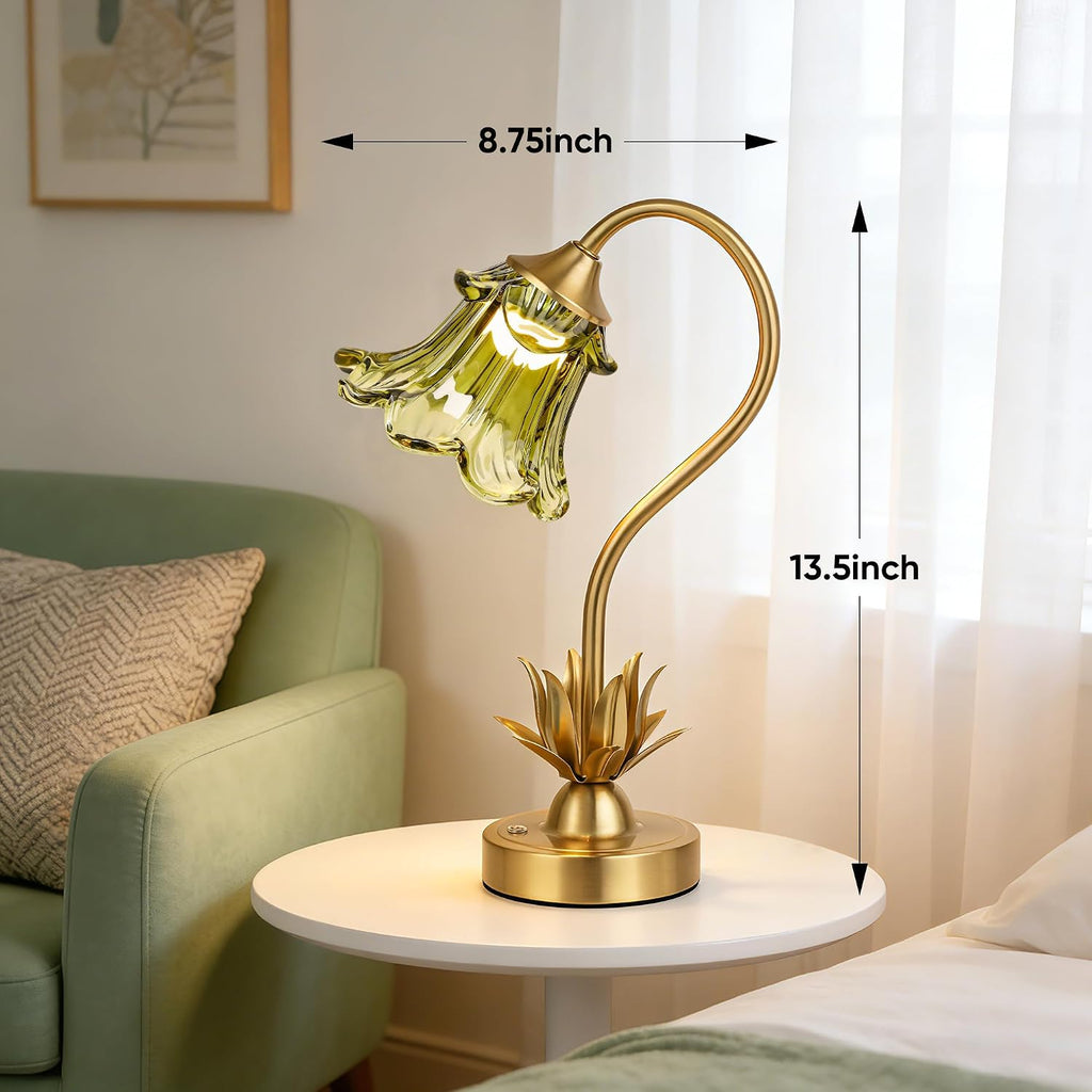 PARTPHONER Cordless Flower Table Lamp with Glass Lampshade, 5200mAh Rechargeable Battery, 3-Color Dimmable Touch Control, Portable Desk Lamp for Nightstand, Patio, Camping, Restaurant & Home, Green