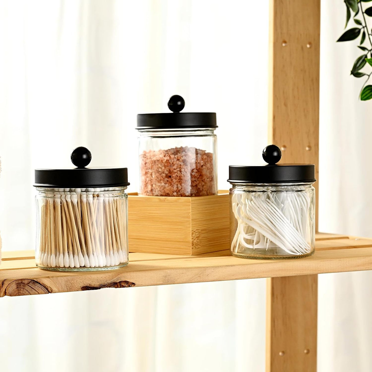 SheeChung Glass Mason Jar Qtip Holder, Black Stainless Steel Lids, 2 Pack
