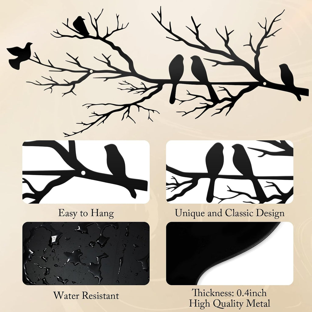 KINMAD Birds Metal Wall Decor Art - Outdoor Metal Hanging Wall Sculpture with Elegant Tree Branch - Wall Decor for Home Balcony Garden Living Room - Black (Large)