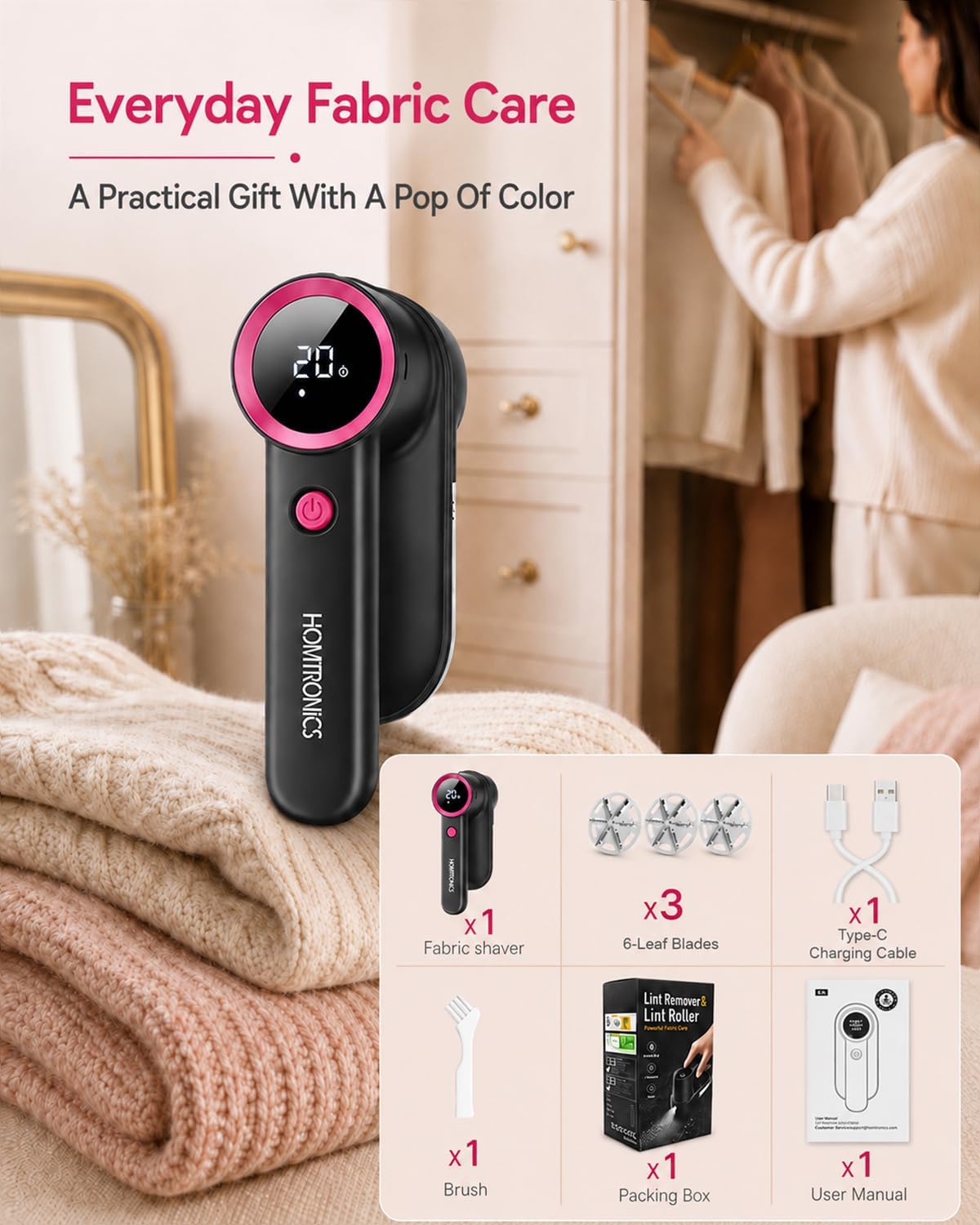 Rechargeable Fabric Shaver, Lint Shaver Built-in LED Light, 3 Extra Blades