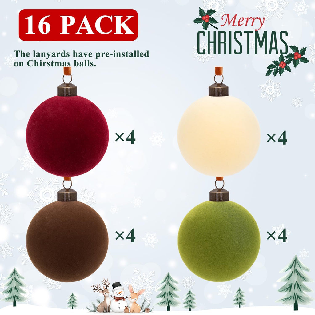 3.15" Velvet Christmas Ball Ornaments Set, 16 pcs Flocked Xmas Tree Decoration, Large Shatterproof Decorative Hanging Balls for Party Holiday Wreath Garland Home Décor (Red Brown Green White)