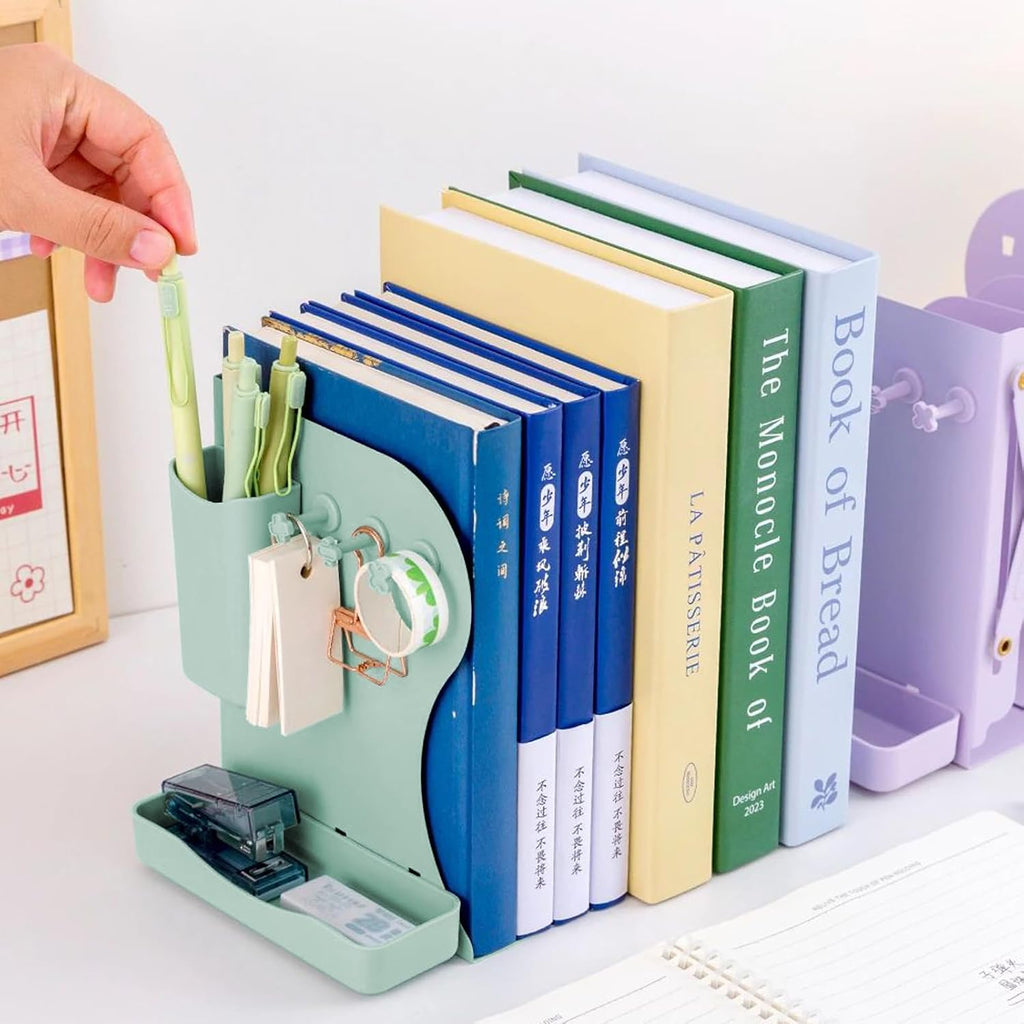 Adjustable Metal Bookends Heavy Duty for Shelves, 2 Dividers, Side Organzier, Anti-Slip Design Expandable Book Ends for Desk, Office(Green, 18 inches Max)