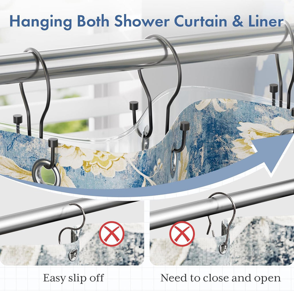 Bathway Shower Curtain Hooks Black Shower Curtain Rings, Shower Curtain Hangers Sturdy Double Hook Shower Curtain Hooks Rust Proof, Smooth Metal Shower Hooks for Shower Curtain, 12Pcs Shower Rod Hooks