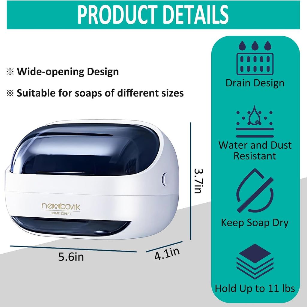 Wall Mounted Soap Dish with Dustproof Lid, Bar Soap Holder, White