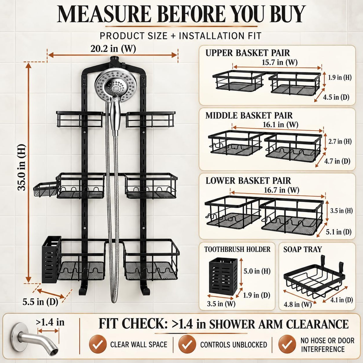 Extra Large Shower Caddy Hanging, Rust-Resistant Shower Organizer Hanging, 3 Tier Height-Adjustable Over the Head Caddy, Rack with Soap Basket (Black)