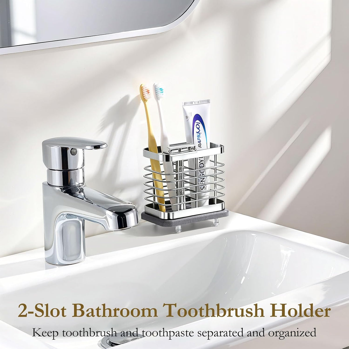 Shinowa Toothbrush Holder Wall Mounted for Bathroom 2 Slots, Silver