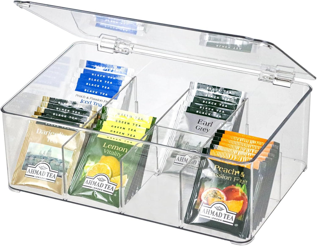 ZEXALOR Clear Tea Bag Organizer, Dresser Organizers Drawer Organzier Storage Container with Removable Dividers, Plastic Storage Bin with Lid, Organizer for Scarves Ties Bras