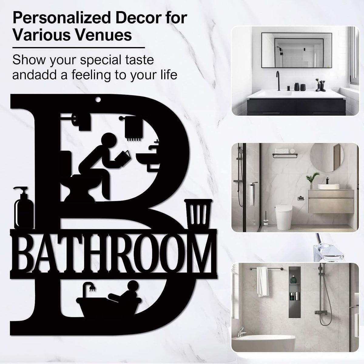 Metal Bathroom Signs Wall Decor, 12x14 Inch Black Bathroom Wall Art, Farmhouse Funny Restroom Sign for Modern Home Decoration Gift for Housewarming