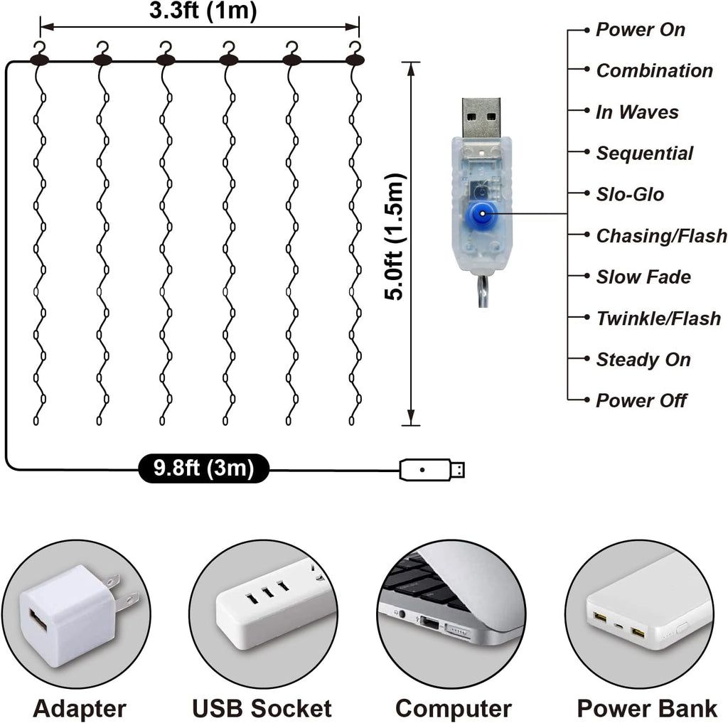HXWEIYE Short Curtain Lights, 3.3x5FT 96LED USB, Remote, 8 Modes & Timer
