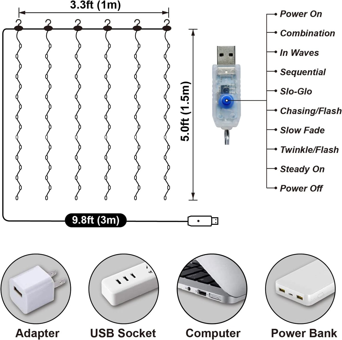 HXWEIYE Short Curtain Lights, 3.3x5FT 96LED USB, Remote, 8 Modes & Timer