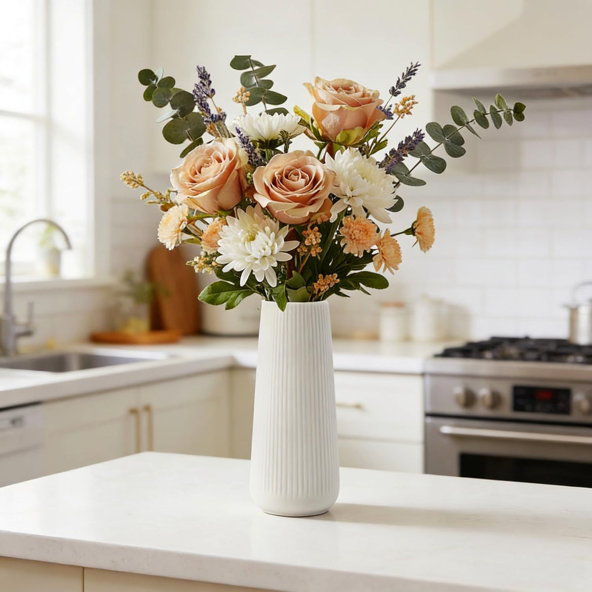 Ceramic Vase for Flower, Pampas Grass Vase, 7.8''H Ribbed Decor Vase, White