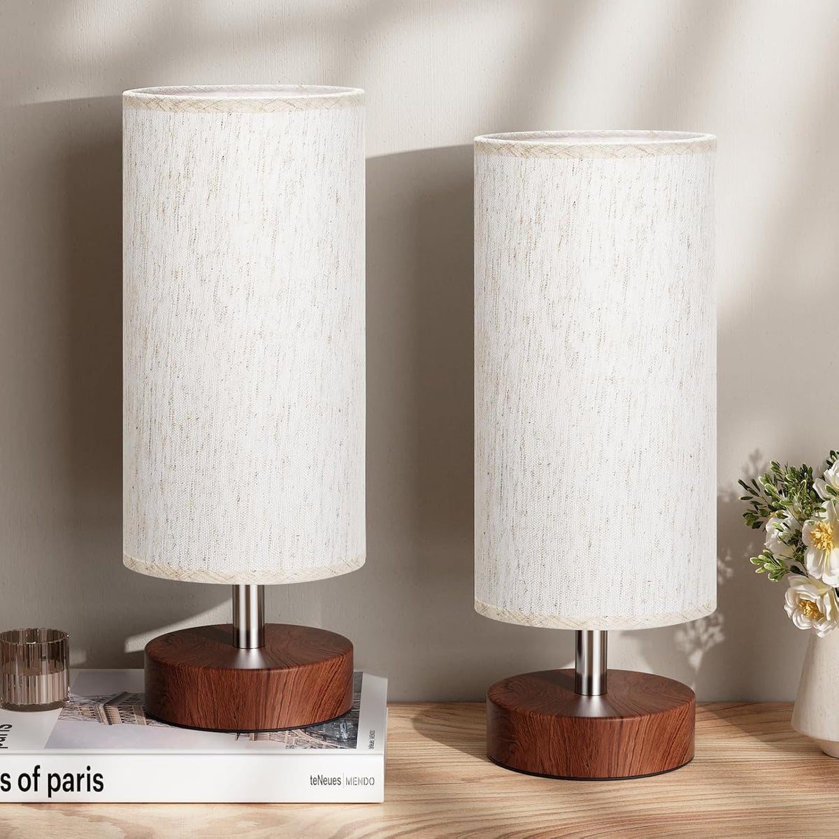 Table Lamps Set of 2 （Cream Shade - Walnut Base, 11.6" Inline Control）