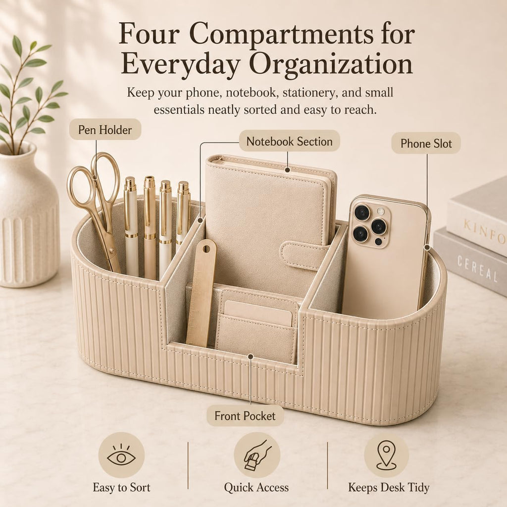 KINGFOM Aesthetic Desk Organizer for Women, Luxury Faux Leather Desk Accessories with 4 Compartments, Minimalist Vanity Organizer for Makeup Brushes, Beige Office Decor for Home, Bedroom & Workspace