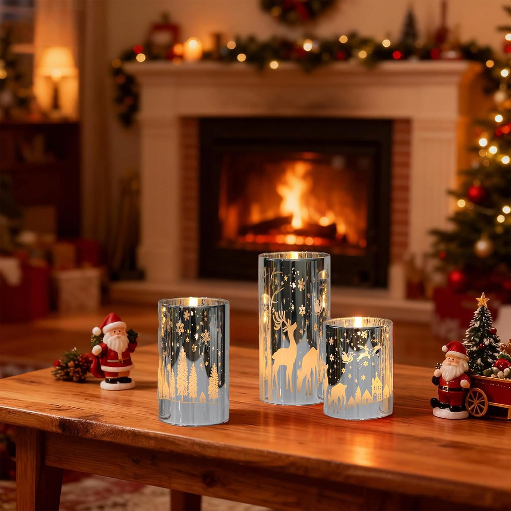 Silver Christmas Flameless Candles Battery Operated Remote Timer