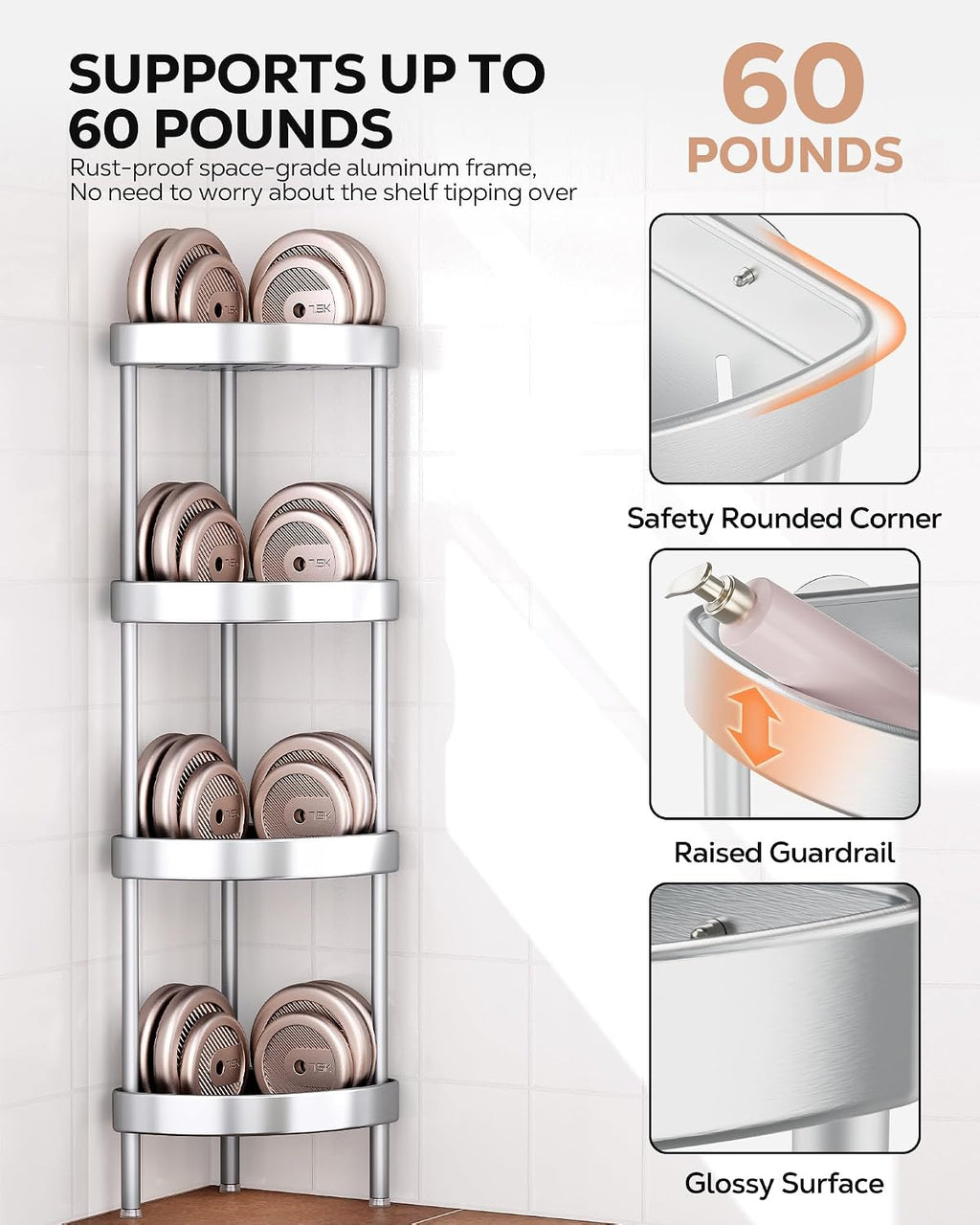 Nieifi 4 Tier Aluminum Corner Shower Caddy Standing Rustproof-Silver