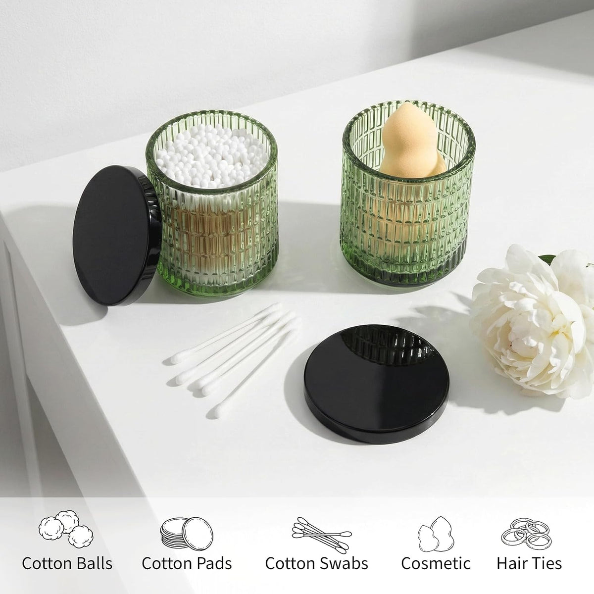 Green Thick Glass Bathroom Qtip Holder, 2 Pack