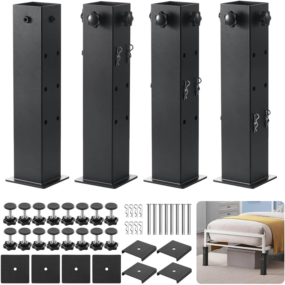 Heavy-Duty College Dorm Bed Risers with 0.16" Reinforced Base-17.98 LB (Black), Adjustable Heights (6", 9", 12"), Fits Wooden Bed Legs 1.5" to 3", Thicker Steel Dorm Bed Leg Risers