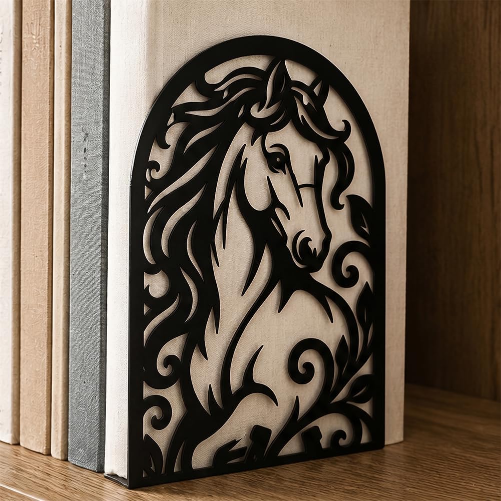 1 Pairs Metal Bookends, Galloping Horse Design Heavy Duty Black Book Support, Modern Creative Non-Skid Books Organiser for Shelves Bookshelf Office Home Decor, Bookworms Gift
