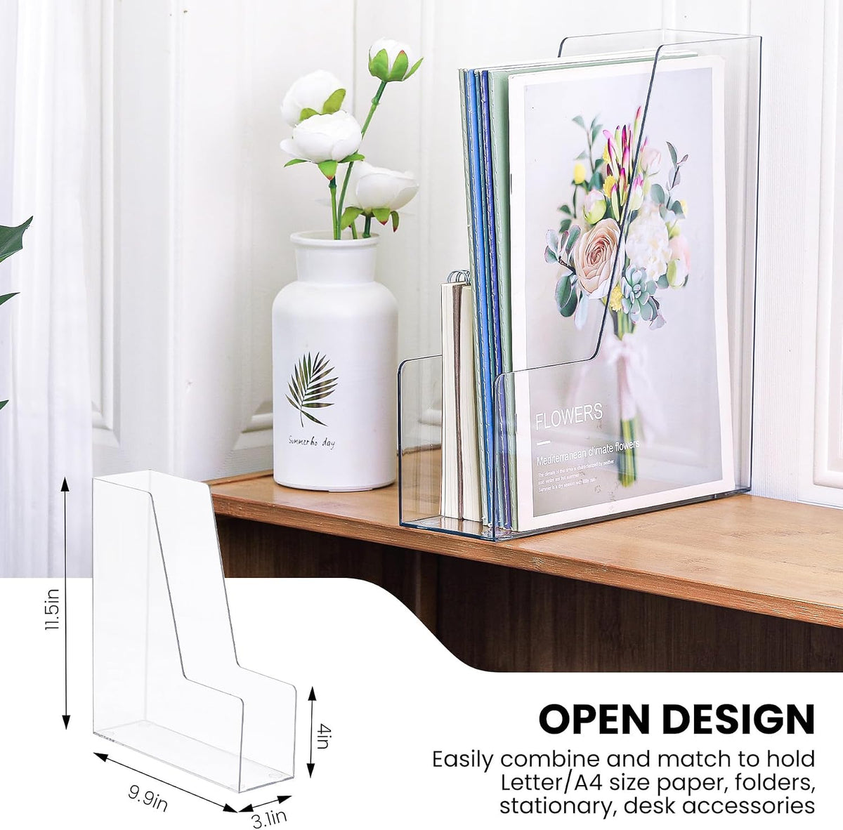 Vertical Magazine File Holder, Clear File Organizer Desk Organizer and Storage Bins Holding for Magazines, Binders, Notebooks, Envelopes, Plastic Office Organization and Storage for Desk, 4 Pack