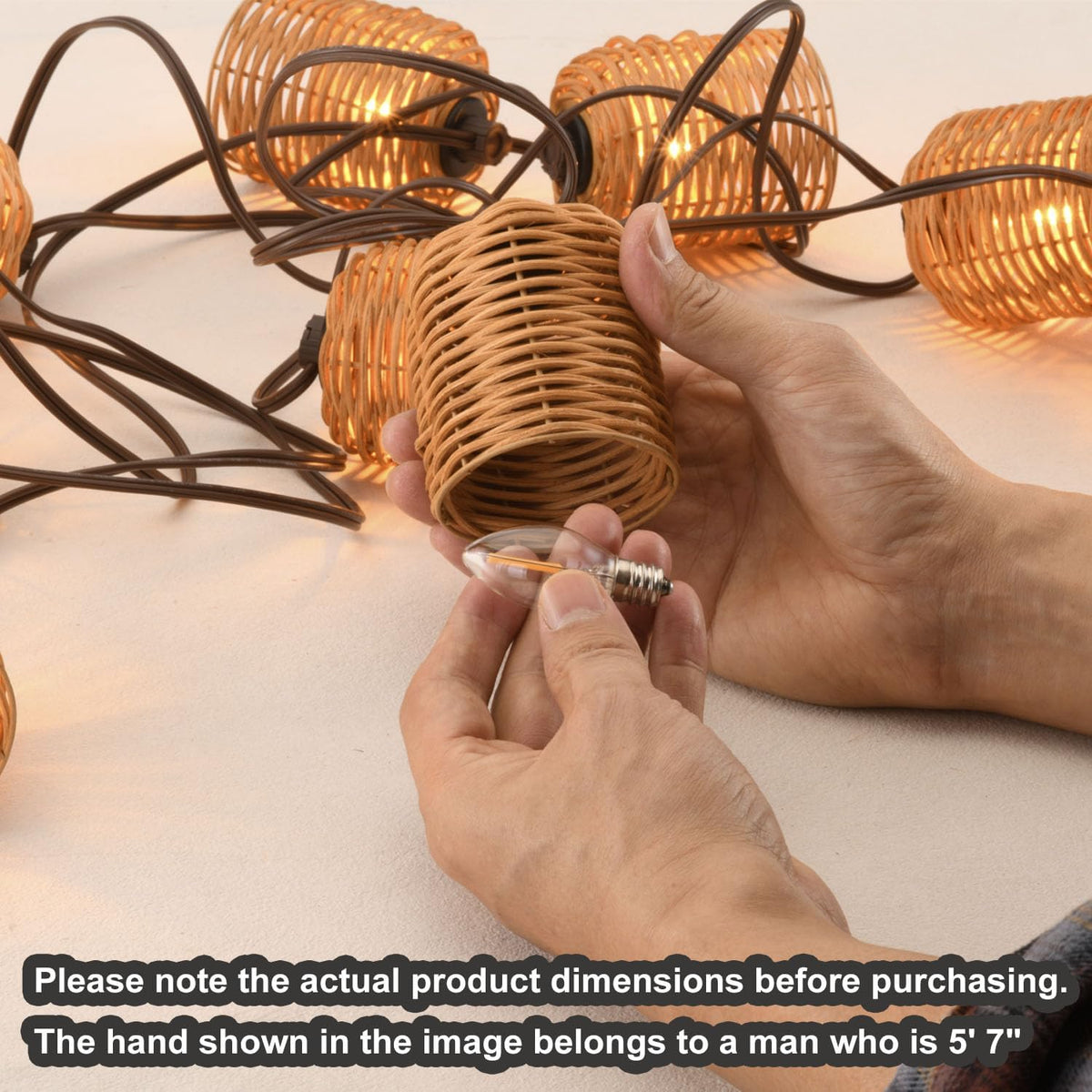 Plug-In Lantern String Lights, 13FT Rattan String Lights 10 Bulbs Natural
