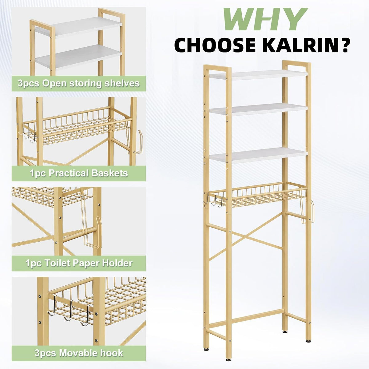 Kalrin Over-The-Toilet Storage Rack, 4-Tier Bathroom Organizer Shelf Over Toilet with Adjustable Shelf and Basket, Freestanding Space Saver Bathroom Shelves Above Toilet for Room (MetalWood-White)