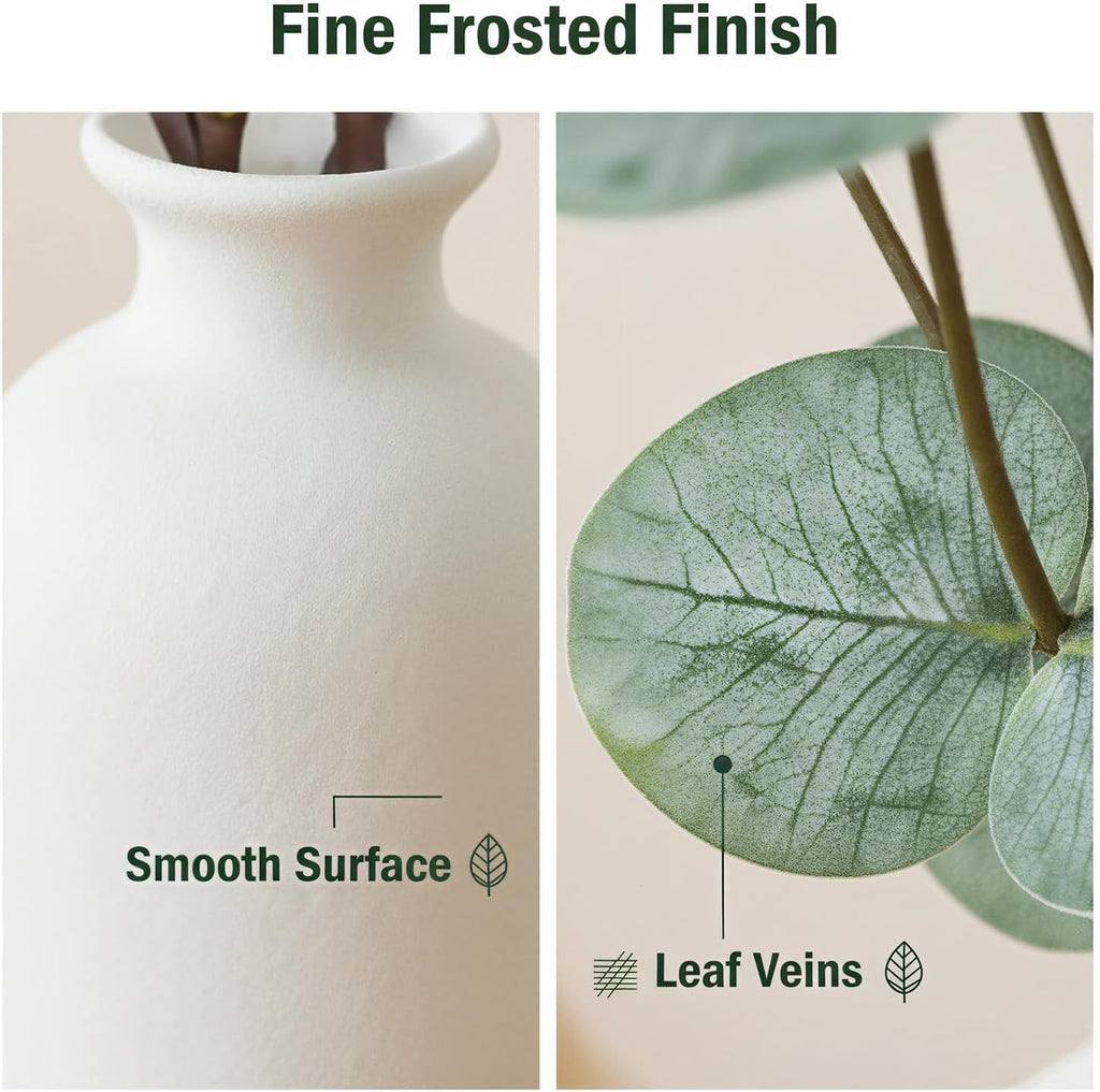 15" Artificial Eucalyptus Stems Potted Plant - Realistic Small Fake Desk Plants for Office Home Decor, Faux Plants in Frosted Ceramic Vase for Indoor Spaces, Wedding Centerpieces Table Decor-4pcs leaf