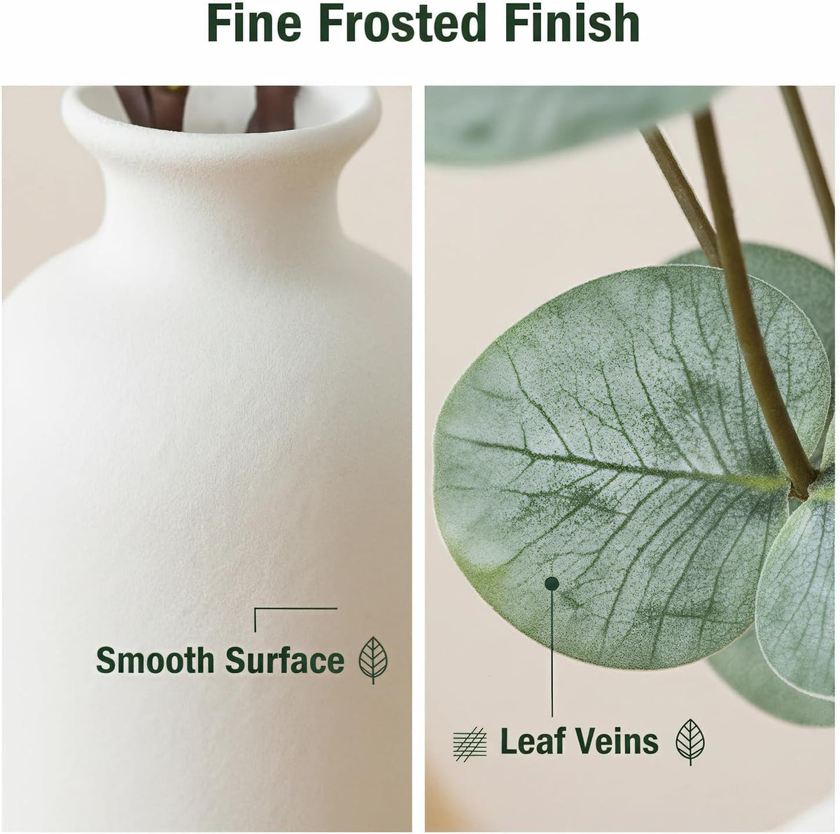 15" Artificial Eucalyptus Stems Potted Plant - Realistic Small Fake Desk Plants for Office Home Decor, Faux Plants in Frosted Ceramic Vase for Indoor Spaces, Wedding Centerpieces Table Decor-4pcs leaf