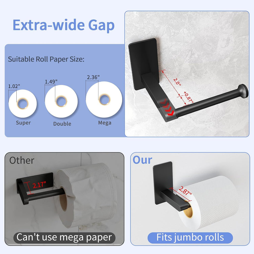 STWWO Toilet Paper Holder Self Adhesive, Extra-Wide Gap, Matte Black