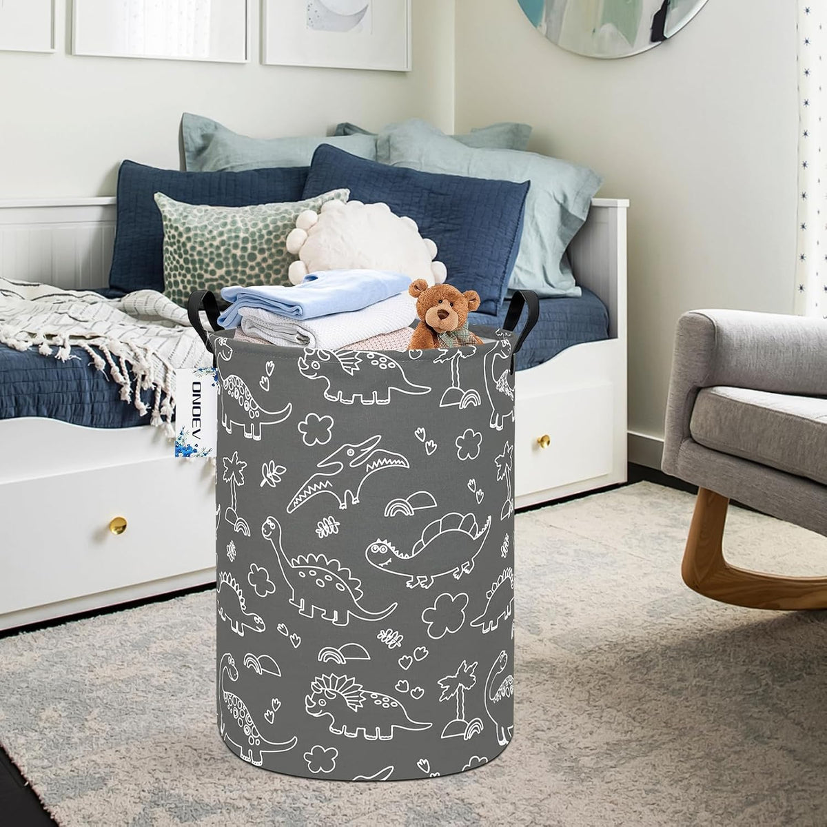 Round Dinosaur Laundry Hamper, Cotton Canvas Teen Room Storage Bin
