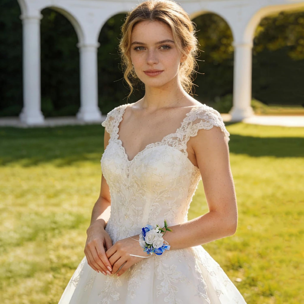 6Pcs White and Blue Artificial Rose Wrist Corsages for Wedding Prom