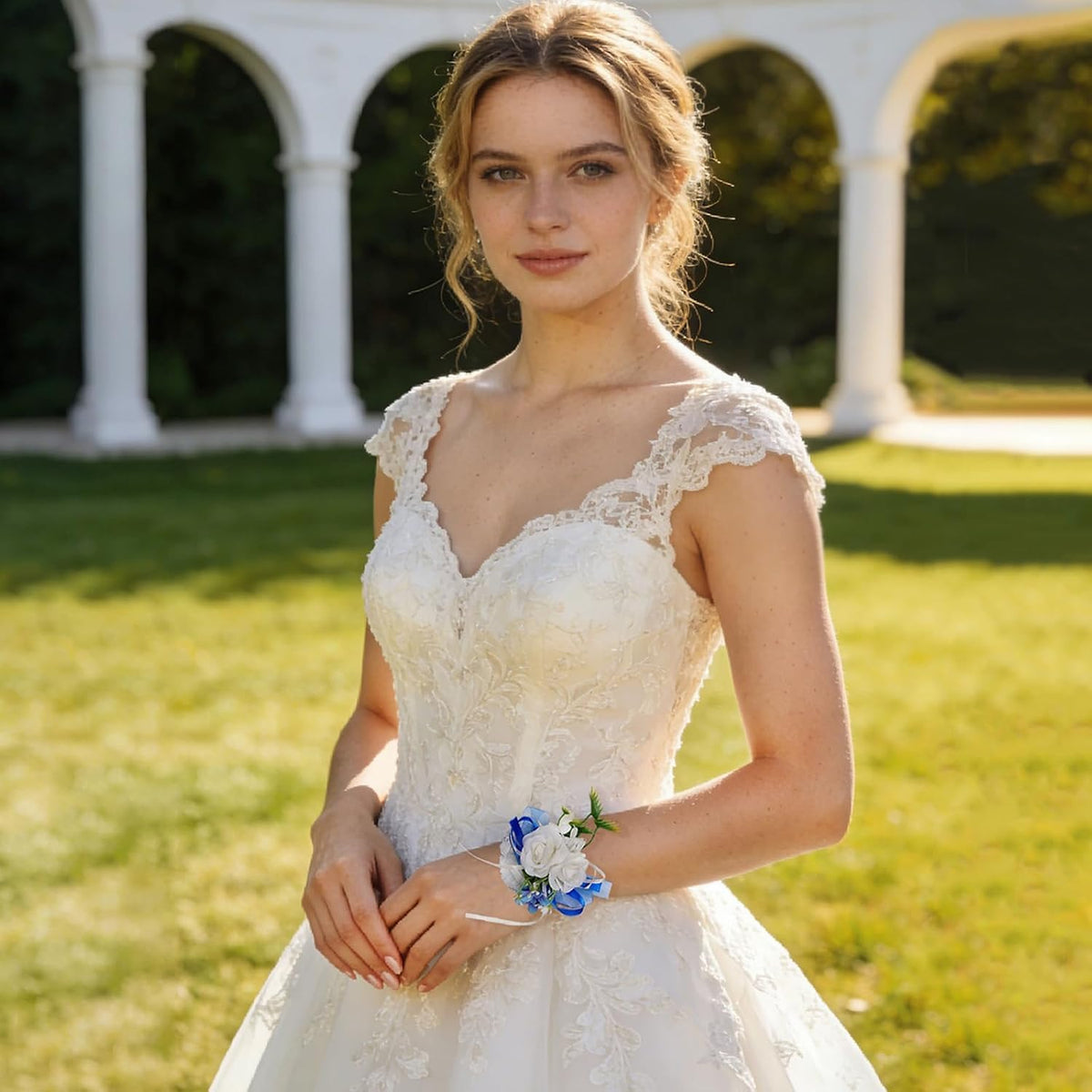 6Pcs White and Blue Artificial Rose Wrist Corsages for Wedding Prom