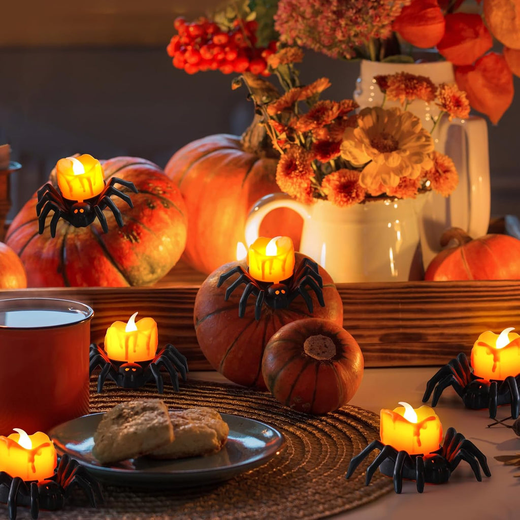 6 Pcs Halloween Spider Tea Lights Candles, Battery Operated Orange LED Flameless Spider Candles Holder Lights, Bright Spooky Halloween Decorations for Party Table Home Decor