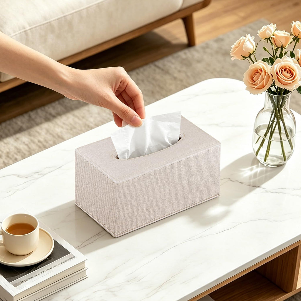 Linen Tissue Box Cover Rectangle,Leather Aesthetic Facial Tissue Box Holder