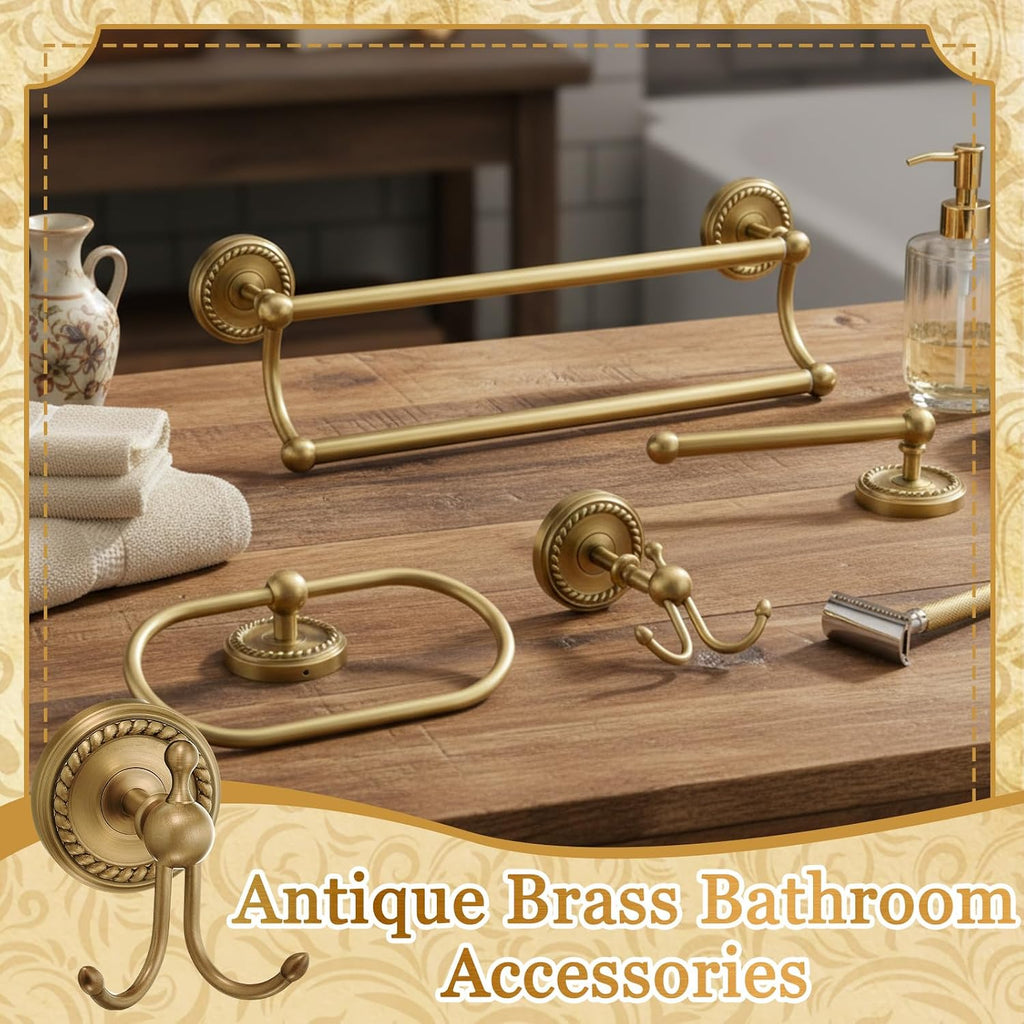 4 Pcs Antique Brass Gold Bathroom Accessories Set Wall-Mounted Towel Rack & Towel Ring & Toilet Paper Holder & Robe Hook, Wall Mounted Brass Vintage Bath Hardware Fixture Set(Double)