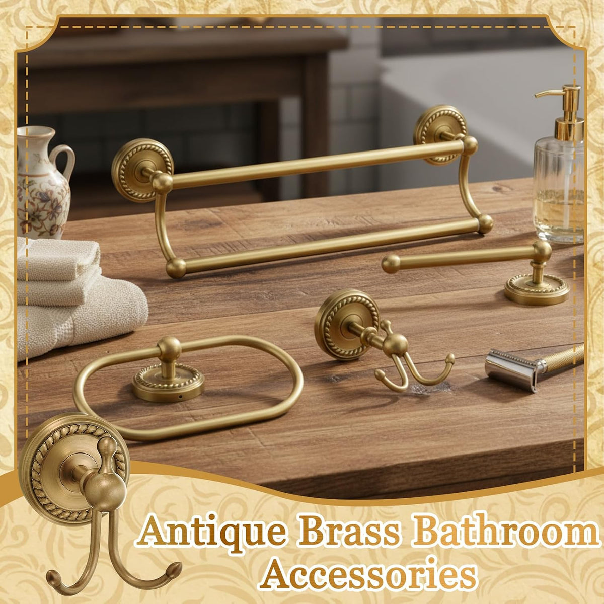 4 Pcs Antique Brass Gold Bathroom Accessories Set Wall-Mounted Towel Rack & Towel Ring & Toilet Paper Holder & Robe Hook, Wall Mounted Brass Vintage Bath Hardware Fixture Set(Double)