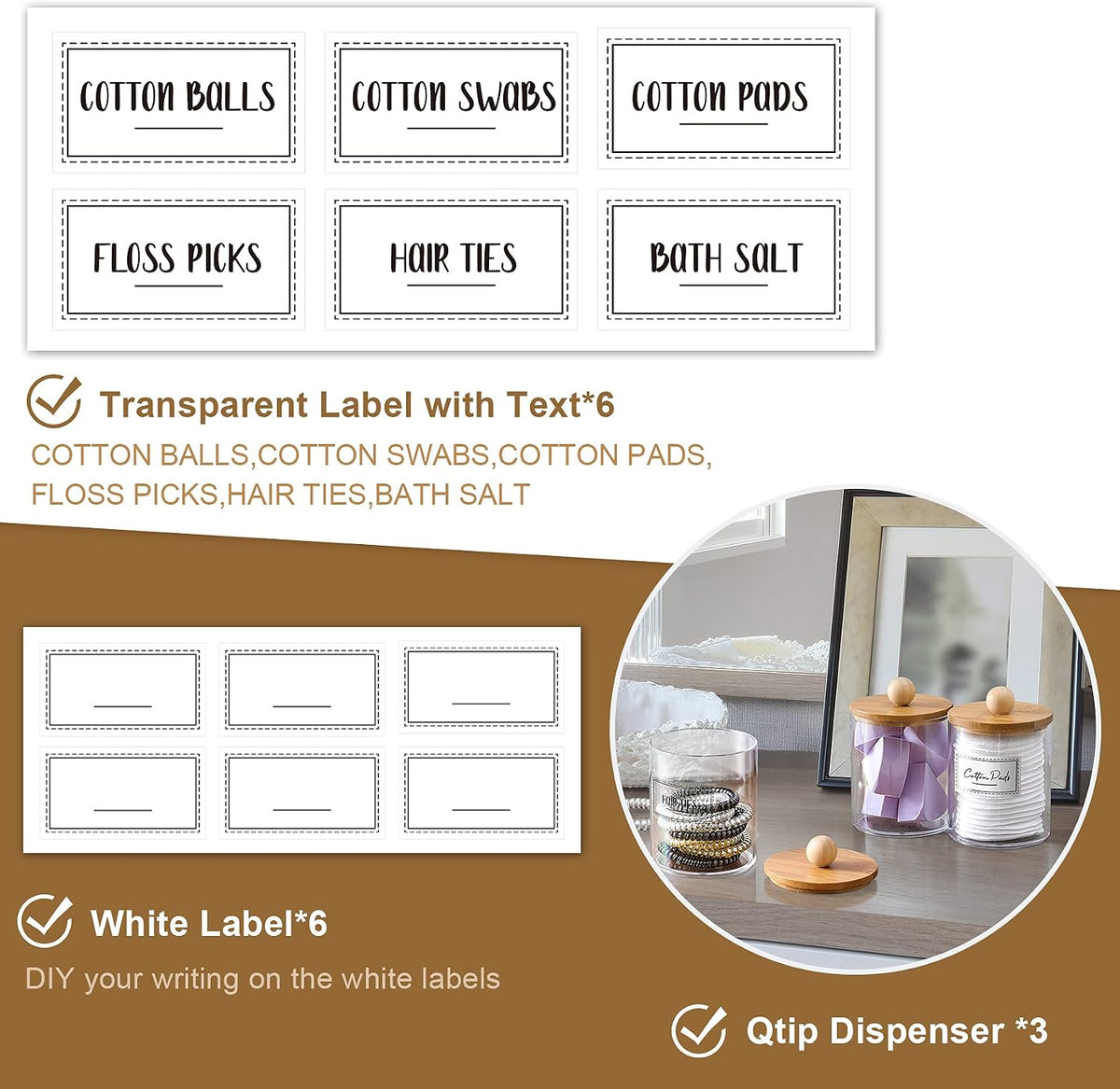 VITEVER 3 Pack Qtip Holder Dispenser with Bamboo Lids - 10 oz Clear Plastic Apothecary Jar Containers for Vanity Makeup Organizer Storage - Bathroom Accessories Set for Cotton Swab, Ball, Pads, Floss