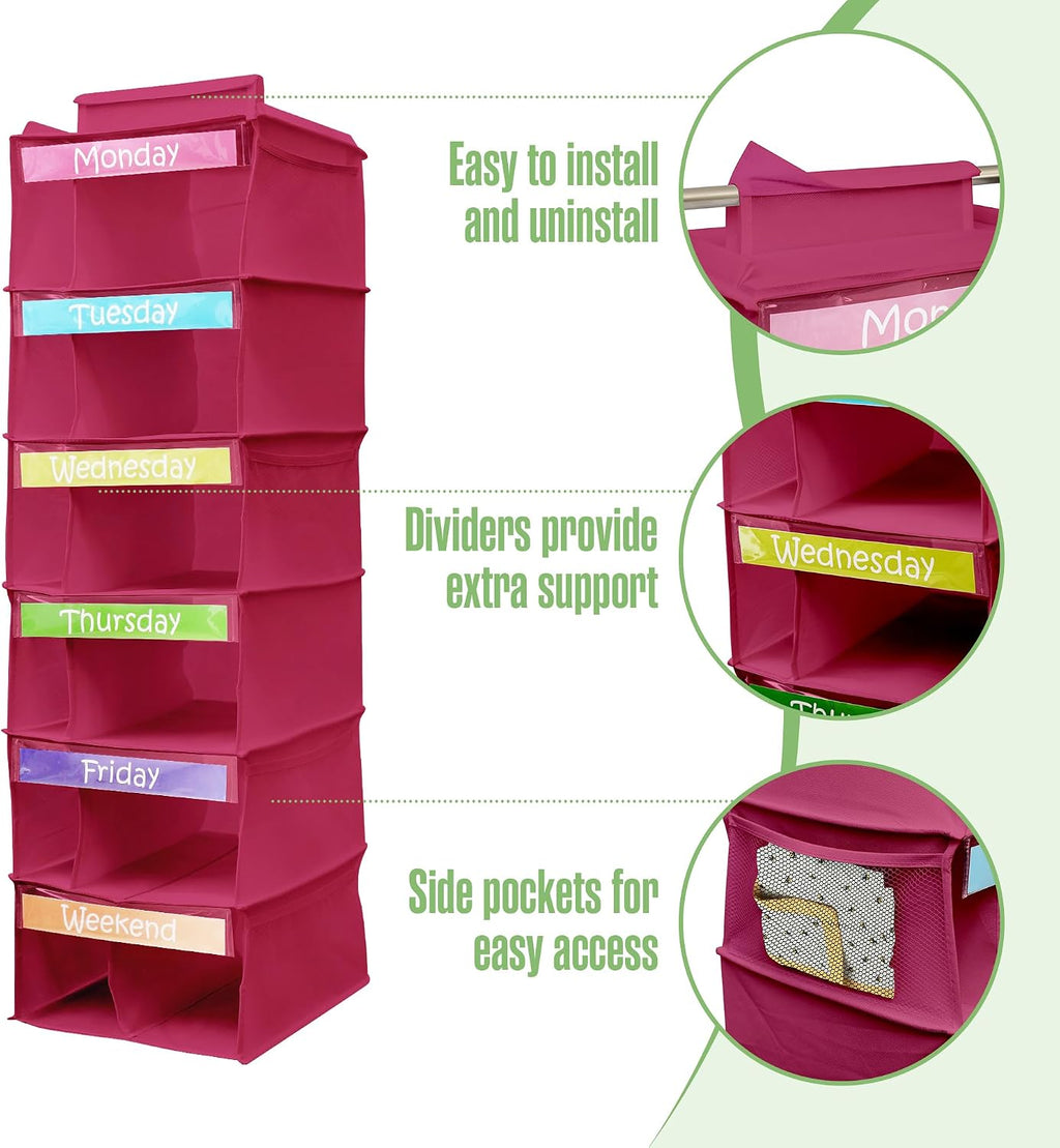 Kids Clothes Organizer, Weekly Clothes Organizer for Kids, Pink, 6 Shelf