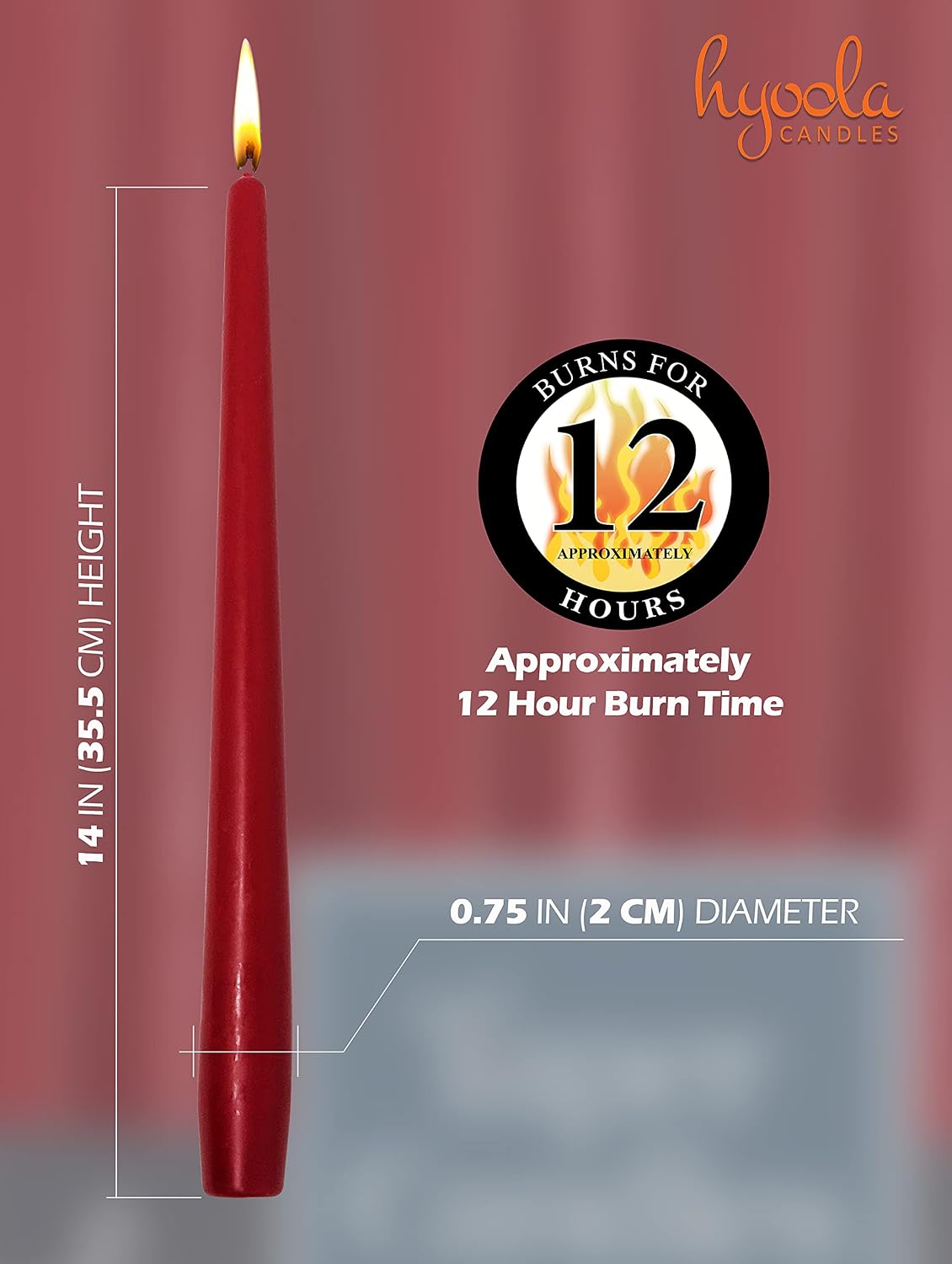 Hyoola Tall Taper Candles - 14 Inch Cherry Red Unscented Dripless Taper Candles - 12 Hour Burn Time - 12 Pack