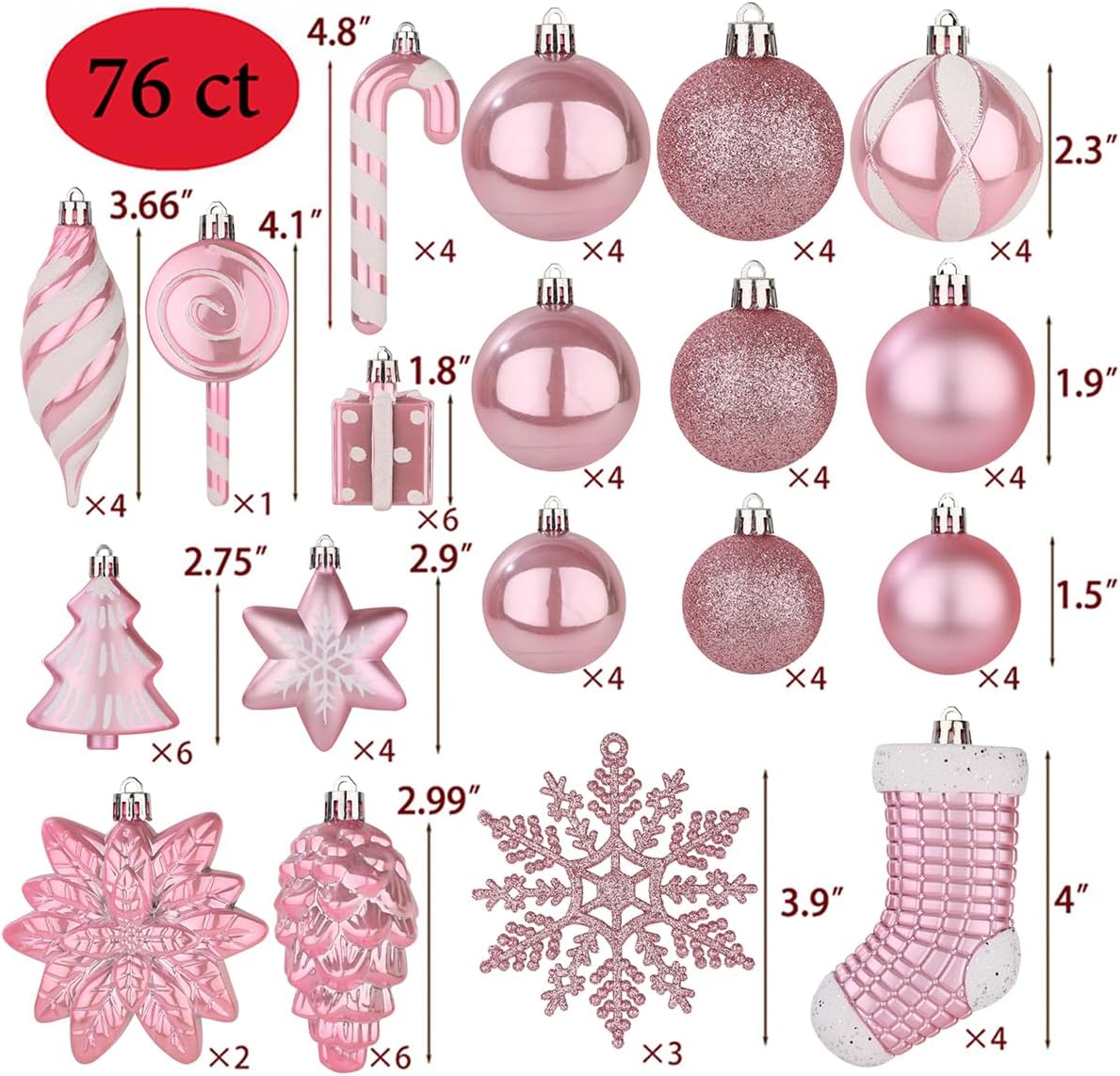 Sattiyrch 76ct Christmas Tree Ornaments Set,Pink Shatterproof Christmas Balls Decorations,Xmas Decorative Hanging Ornaments(Pink)