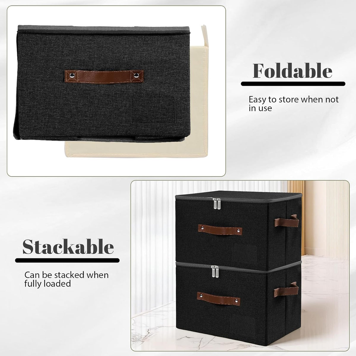 ANMINY Small Storage Box Fabric Bins with Zipper Lid, 10"x8"x7" Black 3PCS