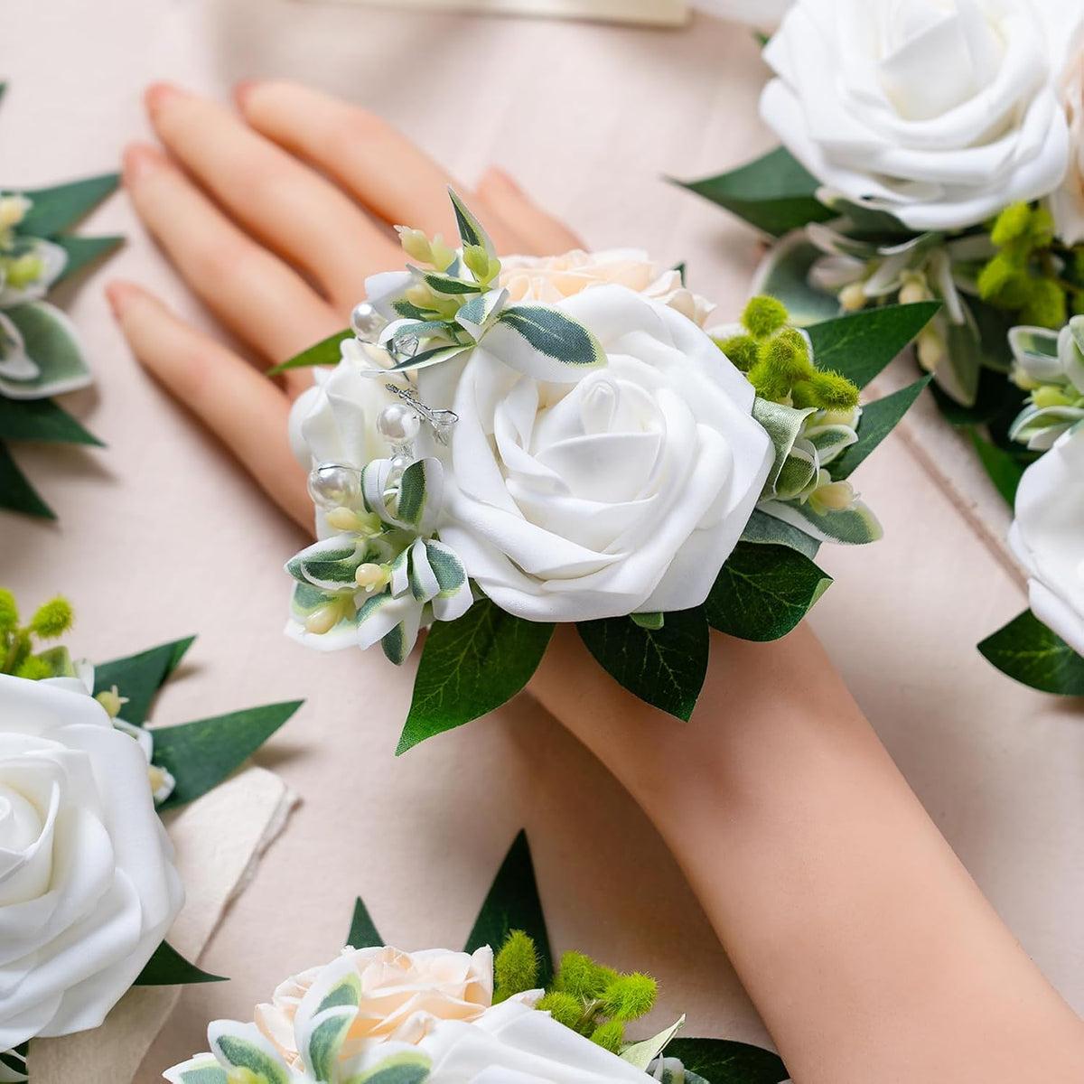White Wrist Corsages, Set of 6,Faux Flowers for Women Wedding