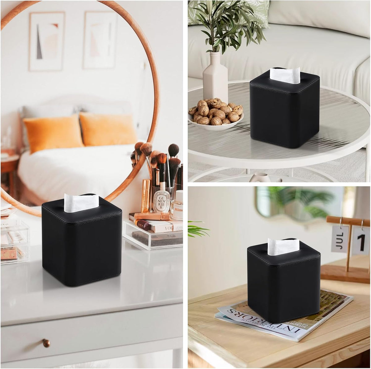 PU Leather Tissue Box Cover Square Tissue Box Holder, Black