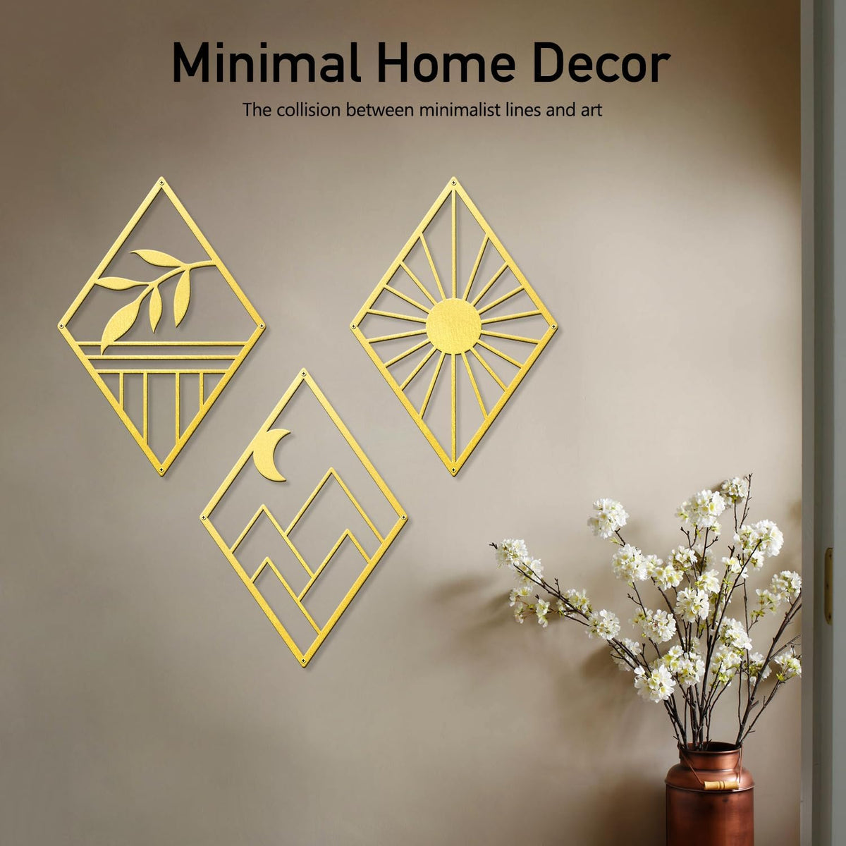 Sokurdeg Gold Metal Wall Art, Boho Minimalist Geometry Wall Art, Bohemian Abstract Line Metal Art Wall Decor for Bedroom Bathroom Living Room (3 Pack, 12 x 17 in)