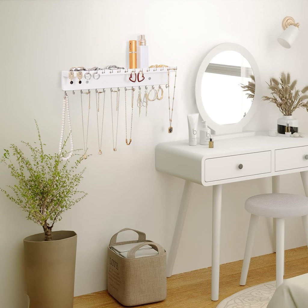 Necklace Holder Wall Mount,Jewelry Organizer with 30 Hooks,White