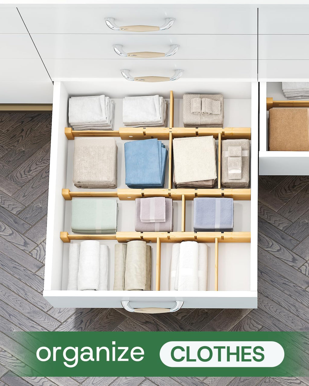 kiplant Bamboo Drawer Dividers - Adjustable Drawer Dividers for Kitchen, Clothes, Closet & Office - 8 Pack with Inserts, 13.8-18.8 Inches, Non-Slip Silicone Ends
