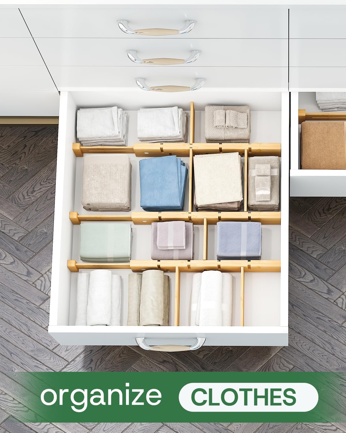 kiplant Bamboo Drawer Dividers - Adjustable Drawer Dividers for Kitchen, Clothes, Closet & Office - 8 Pack with Inserts, 13.8-18.8 Inches, Non-Slip Silicone Ends