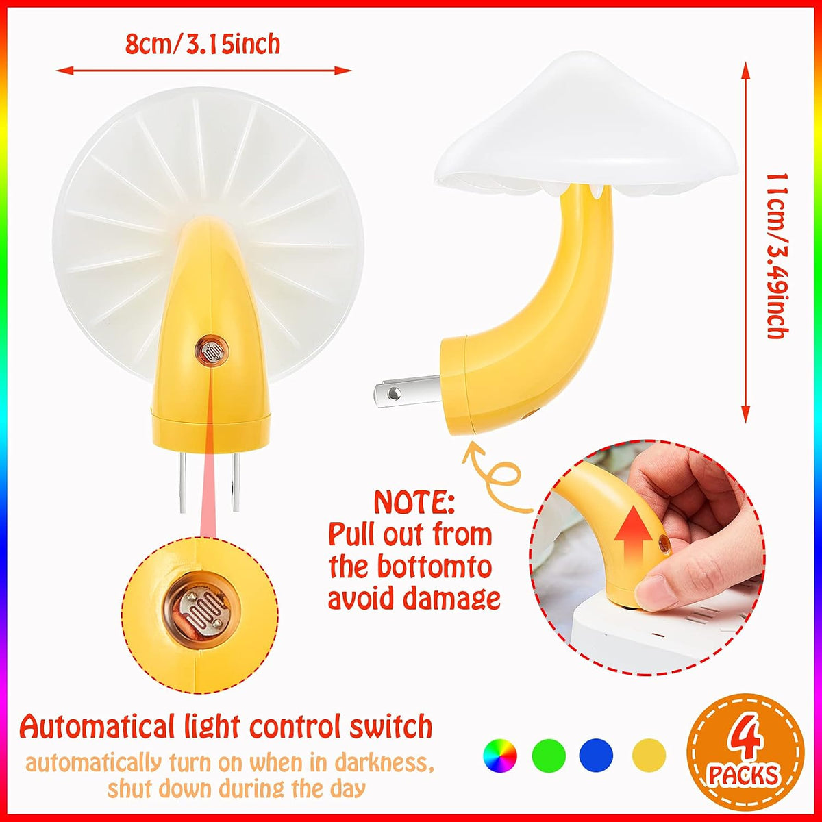 Honoson 4 Pcs Mushroom Night Light Plug in, Colorful Light with White Cover