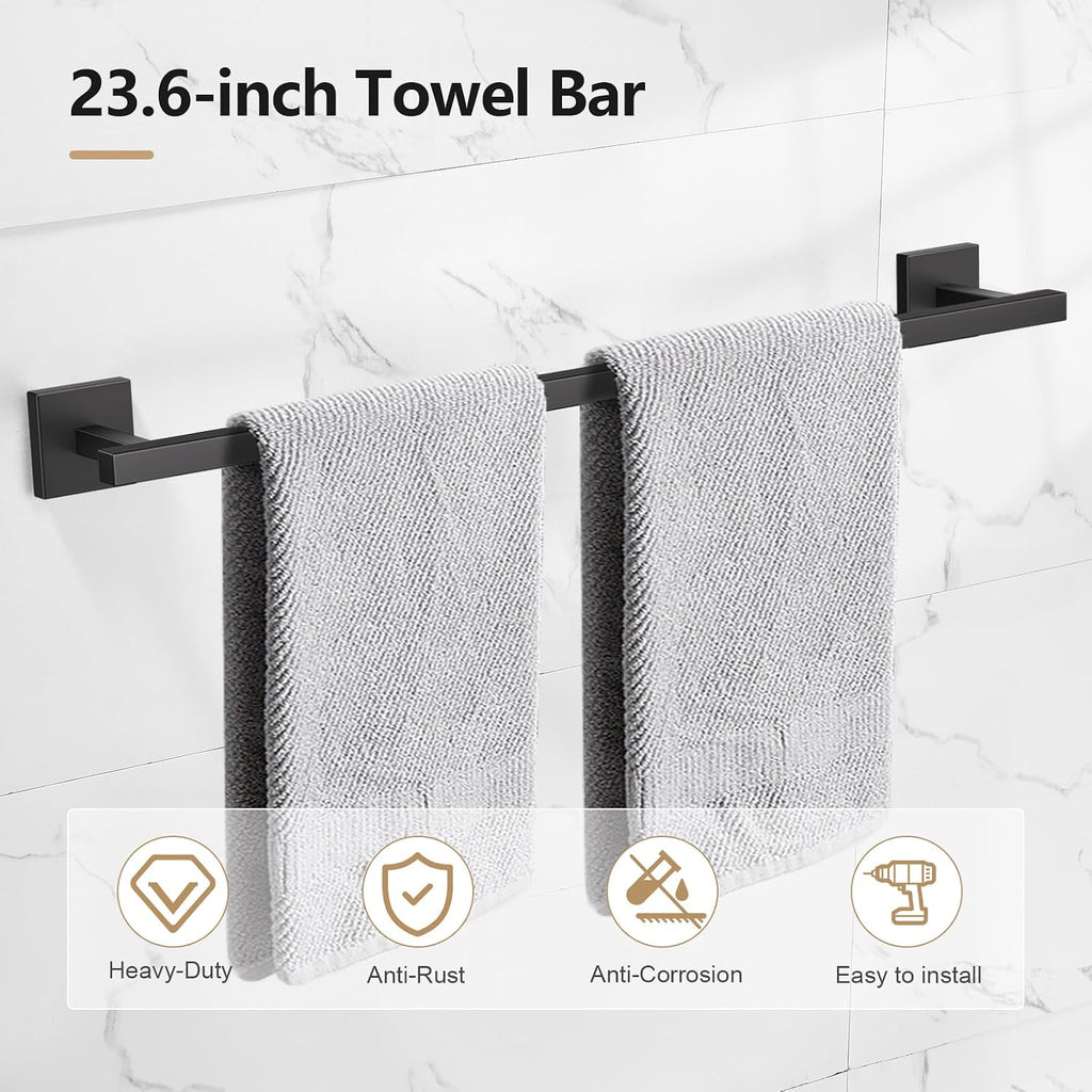 TQKAG 5-Pieces Matte Black Bathroom Hardware Accessories Set 23.6" SUS304 Stainless Steel Towel Bar Set Wall Mounted Square Toilet Paper Holder with Shelf